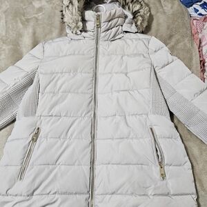 MK White Puffer Jacket with Faux Fur Hood